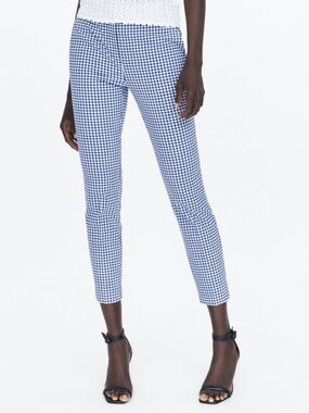 Zara Plaid Blue White Gingham Pixie Pants Straight Leg Trousers 100% Cotton US 2